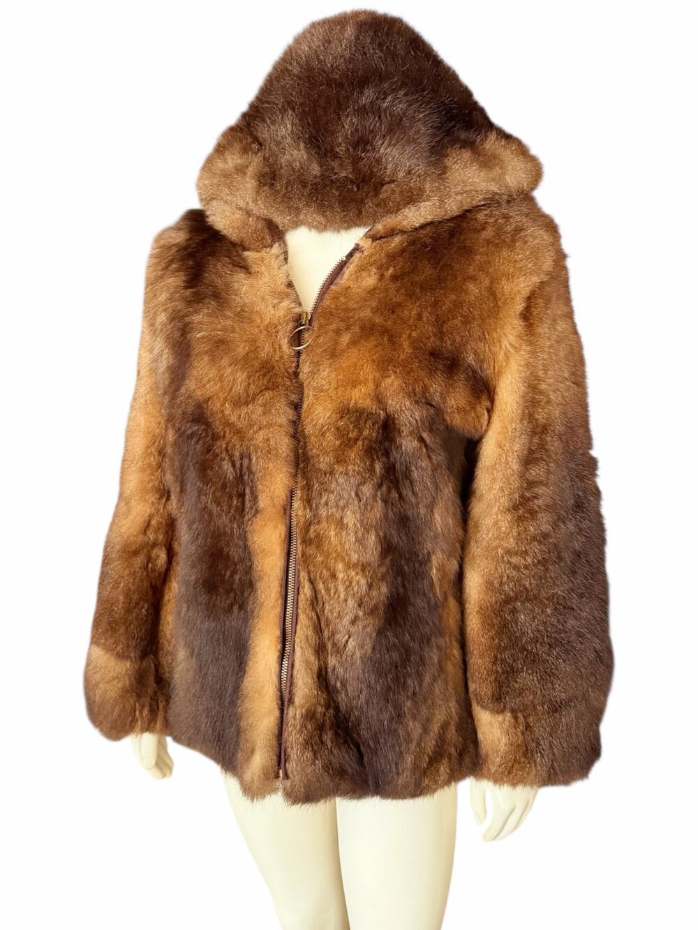Vintage Real Fur Zip Hooded Jacket Brown Natural Fur Coat Women’s